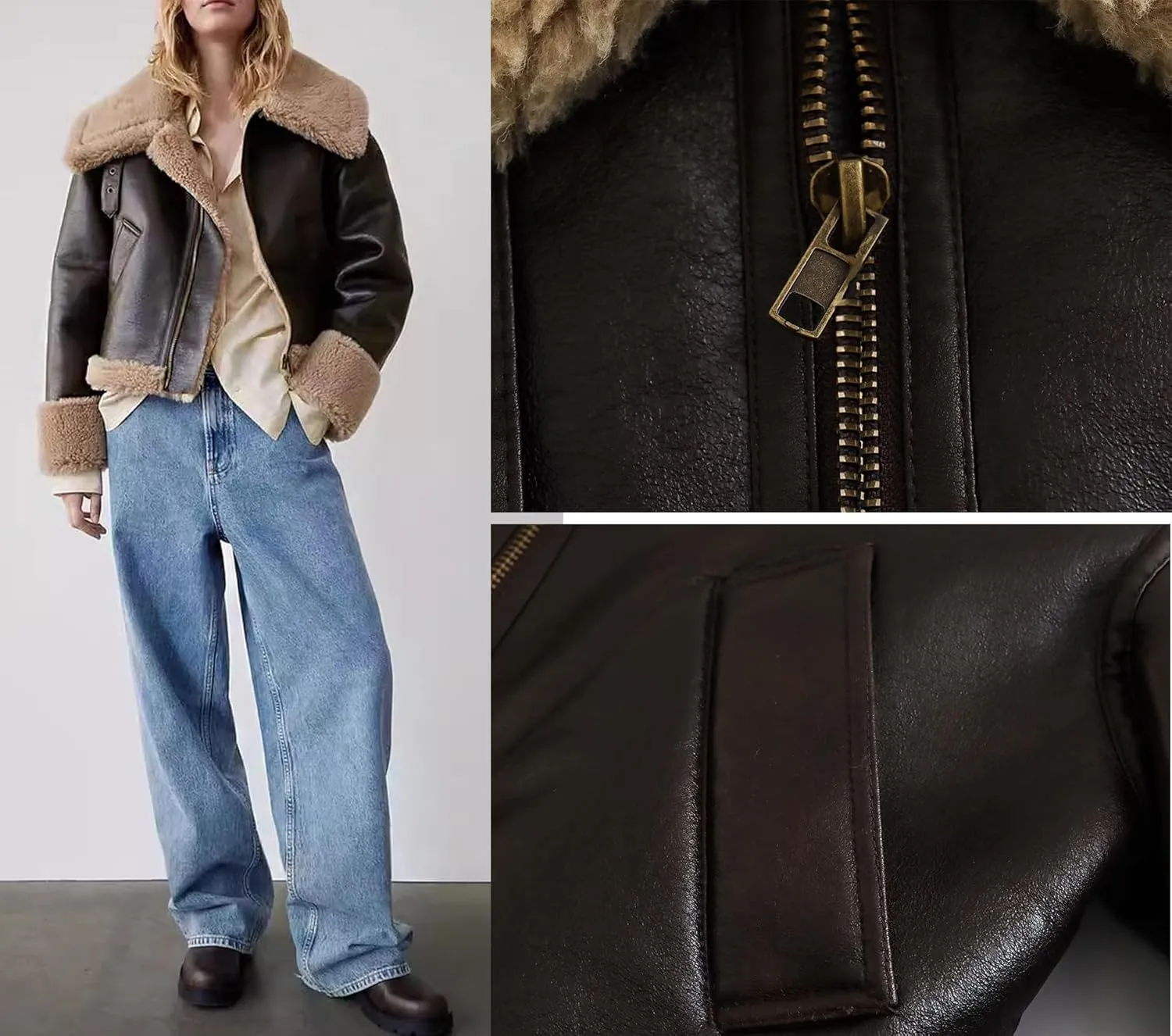 CHARTOU Women Faux Leather Jacket Faux Fur Bomber Jacket Winter Warm Sherpa Jacket Coat Moto Biker Jacket