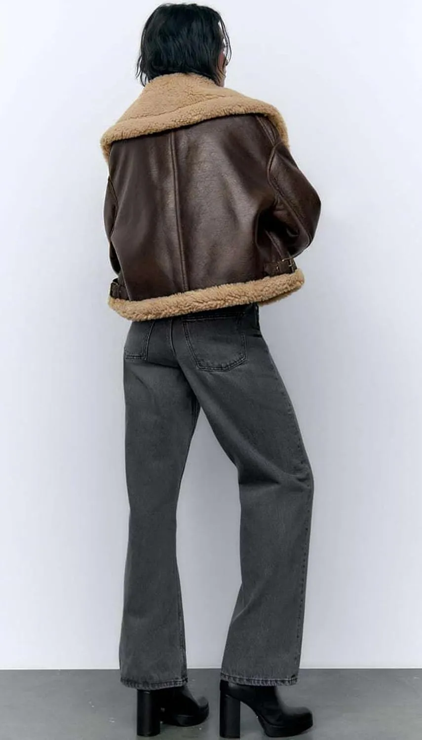 CHARTOU Women Faux Leather Jacket Faux Fur Bomber Jacket Winter Warm Sherpa Jacket Coat Moto Biker Jacket