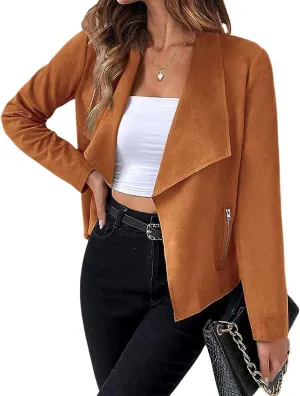 CHARTOU Women Faux Suede Cropped Jacket Moto Leather Jacket Lightweight Fall Jacket Open Front Short Coat