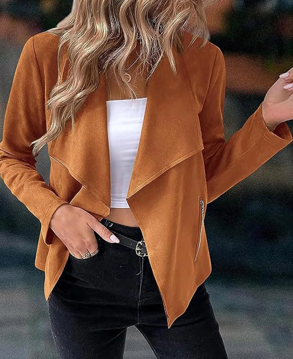 CHARTOU Women Faux Suede Cropped Jacket Moto Leather Jacket Lightweight Fall Jacket Open Front Short Coat