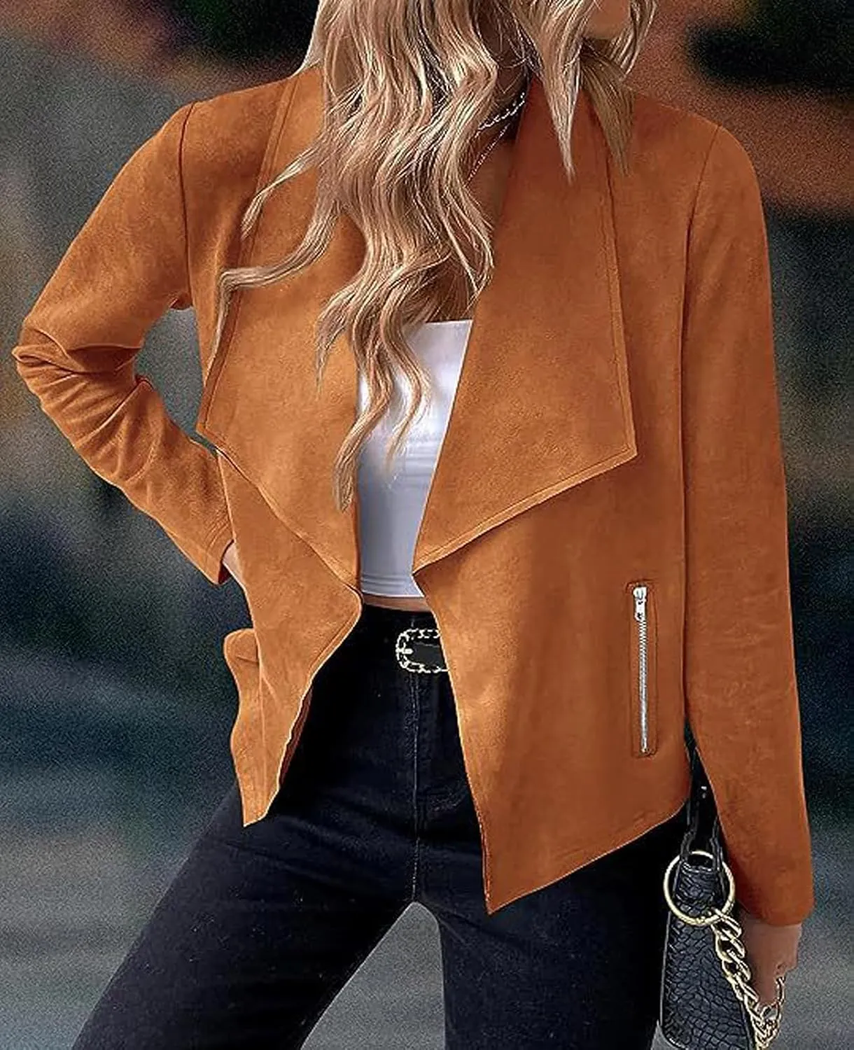 CHARTOU Women Faux Suede Cropped Jacket Moto Leather Jacket Lightweight Fall Jacket Open Front Short Coat