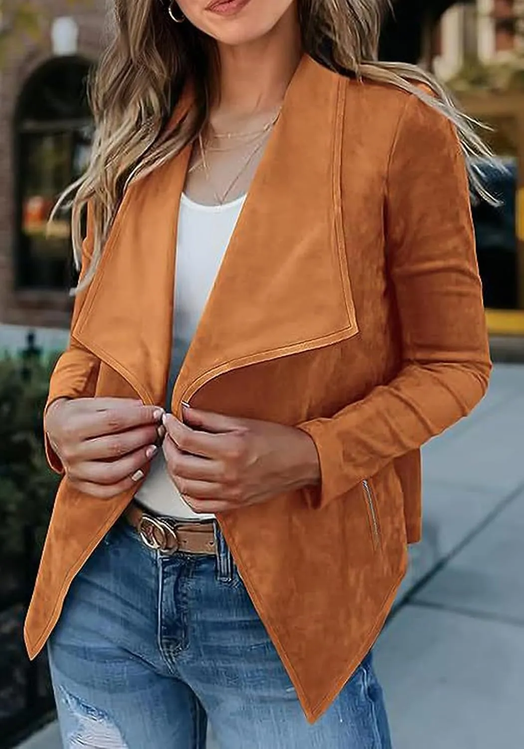 CHARTOU Women Faux Suede Cropped Jacket Moto Leather Jacket Lightweight Fall Jacket Open Front Short Coat