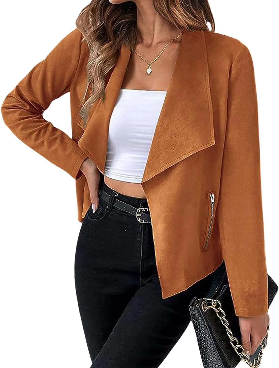 CHARTOU Women Faux Suede Cropped Jacket Moto Leather Jacket Lightweight Fall Jacket Open Front Short Coat