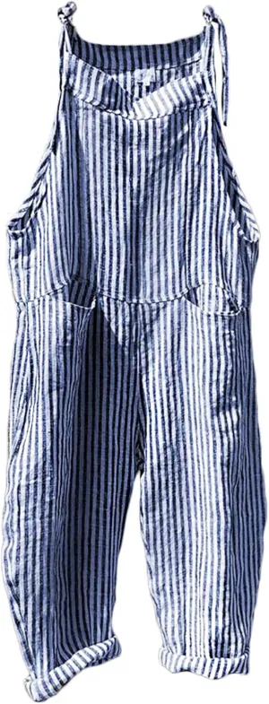 CHARTOU Women Oversized Summer Casual Stripes Cargo Jumpsuit Wide Leg Bib Overall Striped Linen Pants Dungarees Pocket (Medium,Blue stripe)