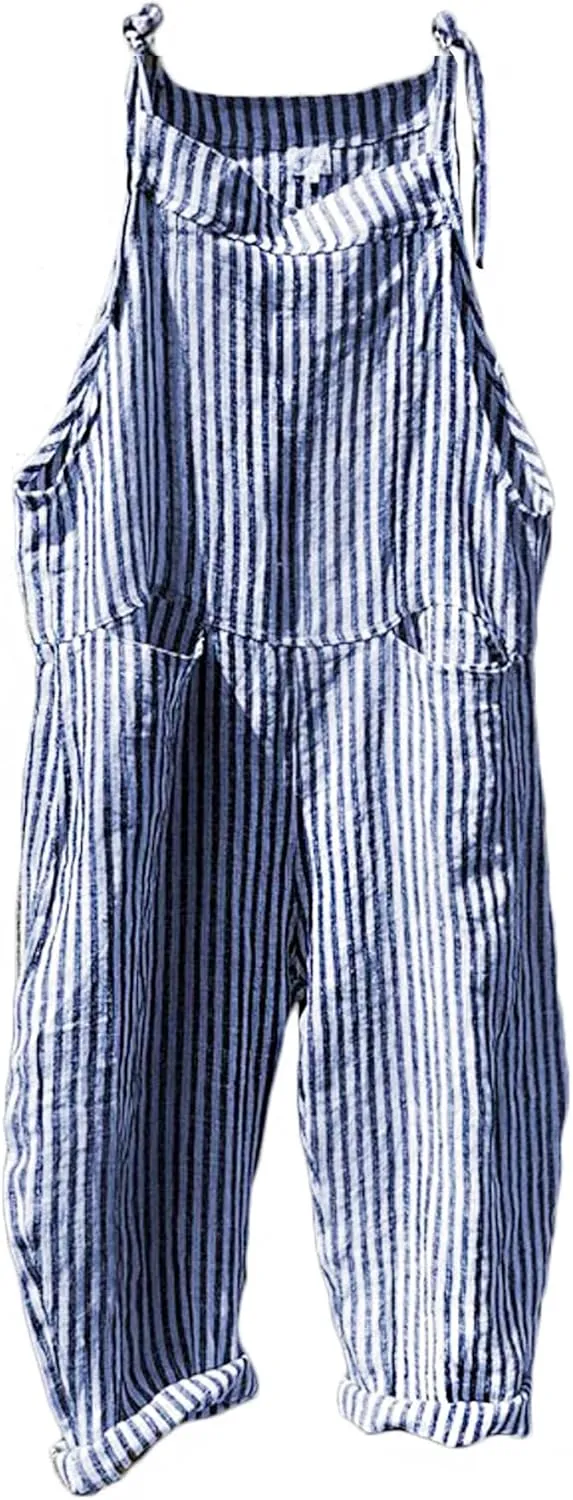 CHARTOU Women Oversized Summer Casual Stripes Cargo Jumpsuit Wide Leg Bib Overall Striped Linen Pants Dungarees Pocket (Medium,Blue stripe)
