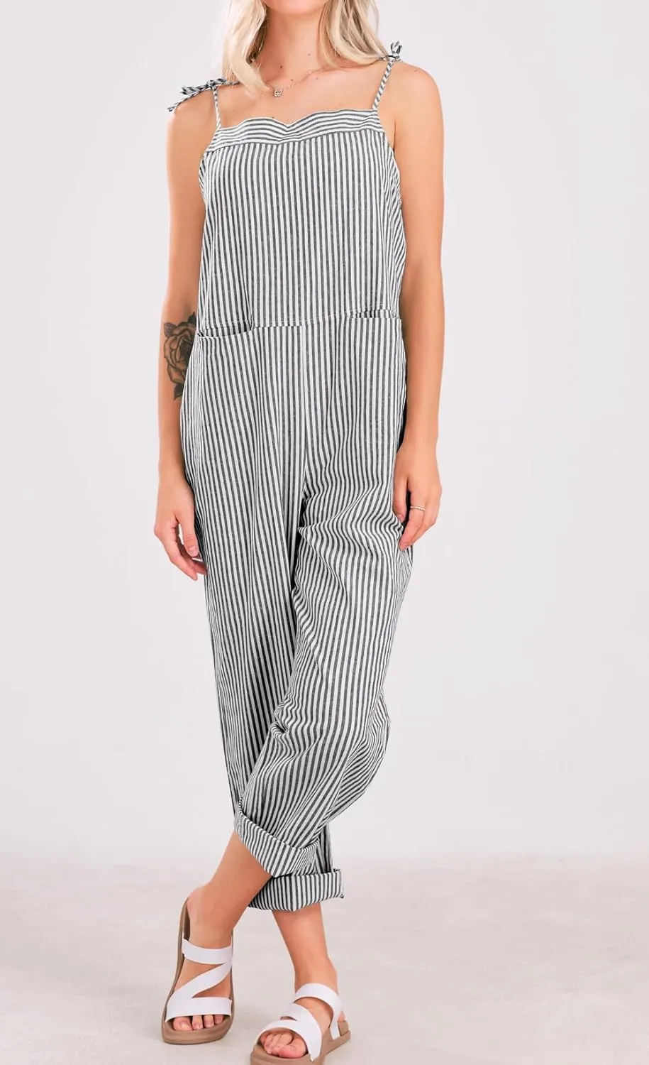 CHARTOU Women Oversized Summer Casual Stripes Cargo Jumpsuit Wide Leg Bib Overall Striped Linen Pants Dungarees Pocket