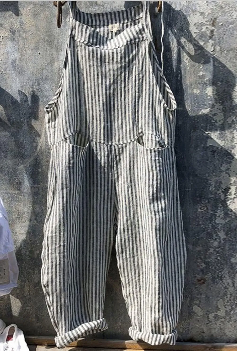 CHARTOU Women Oversized Summer Casual Stripes Cargo Jumpsuit Wide Leg Bib Overall Striped Linen Pants Dungarees Pocket