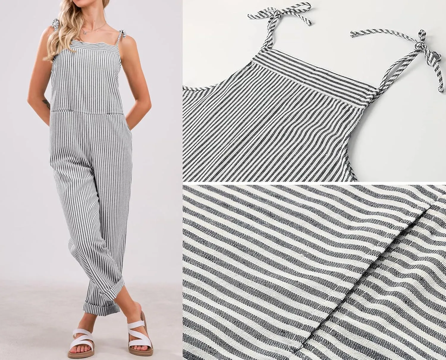 CHARTOU Women Oversized Summer Casual Stripes Cargo Jumpsuit Wide Leg Bib Overall Striped Linen Pants Dungarees Pocket
