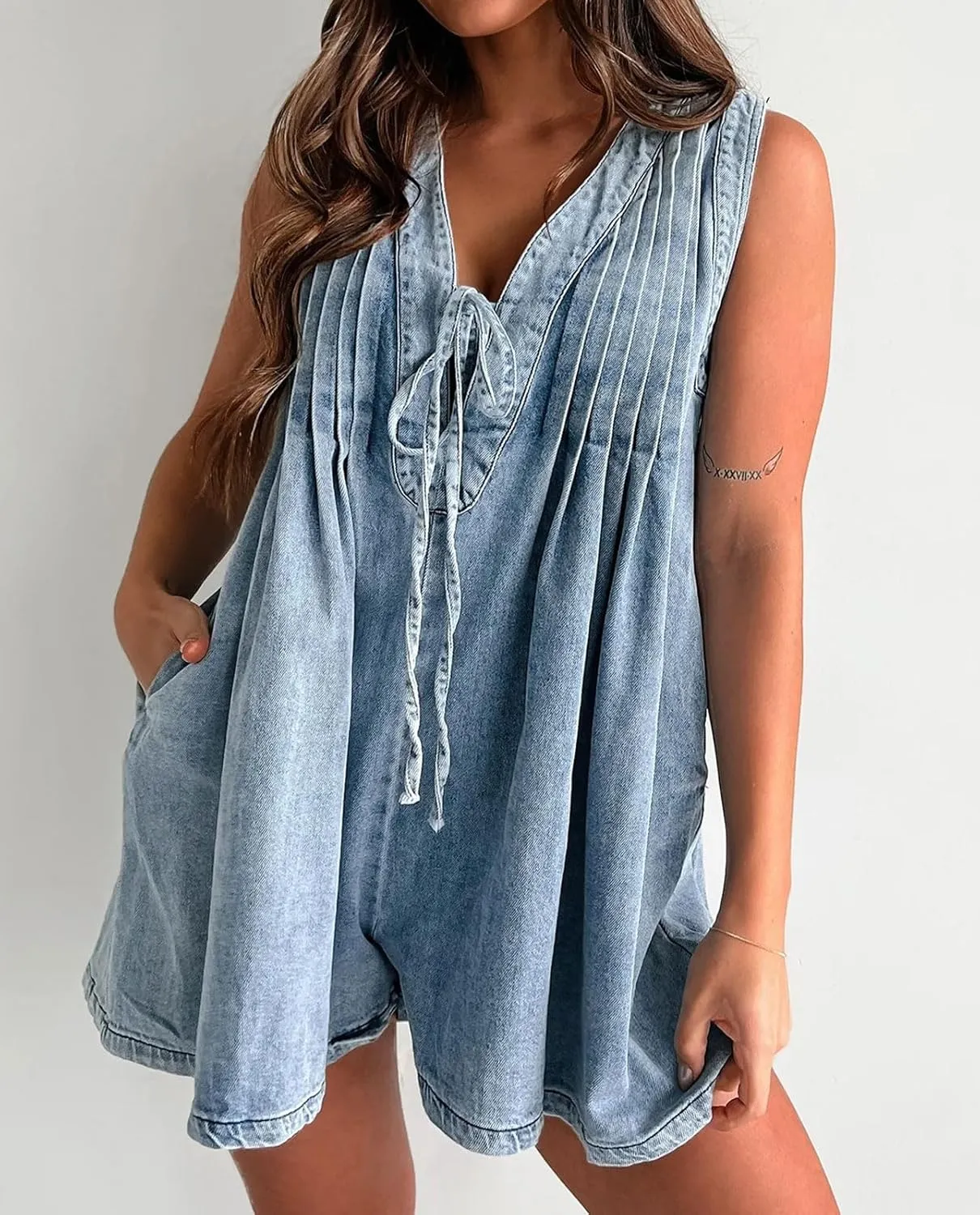 CHARTOU Women Summer Denim Overalls Shorts Romper Jean Jumpsuit Sleeveless Shortalls Flowy Ruffle Romper Pockets