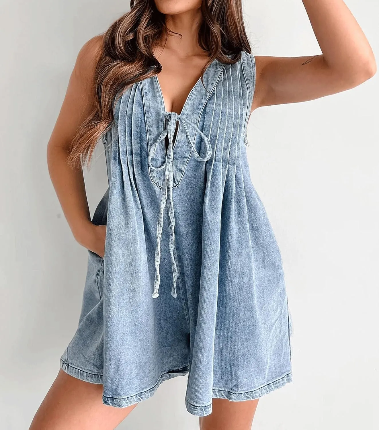 CHARTOU Women Summer Denim Overalls Shorts Romper Jean Jumpsuit Sleeveless Shortalls Flowy Ruffle Romper Pockets