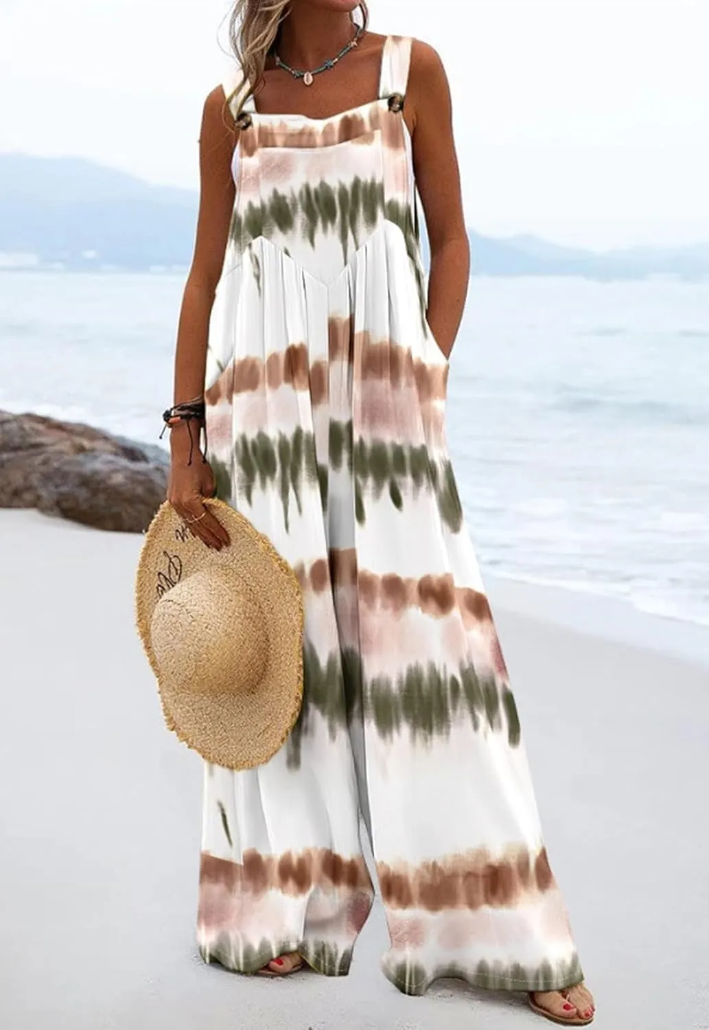 CHARTOU Women Wide Leg Jumpsuit Floral Sleeveless Romper Hippie Pants Boho Summer Flowy Jumpsuit Cargo Overall Pocket