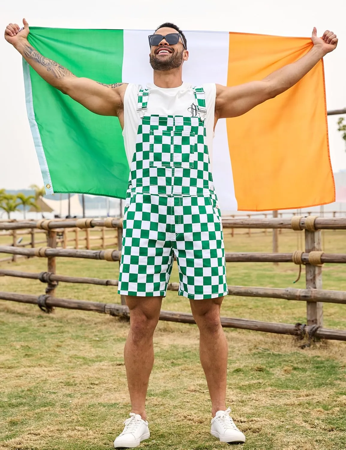 Checkered Bib Overalls for Men Jumpsuit Shorts Work Coveralls
