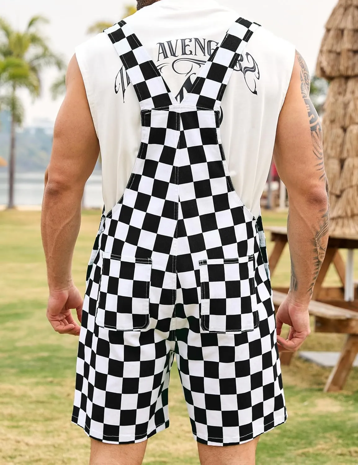 Checkered Bib Overalls for Men Jumpsuit Shorts Work Coveralls