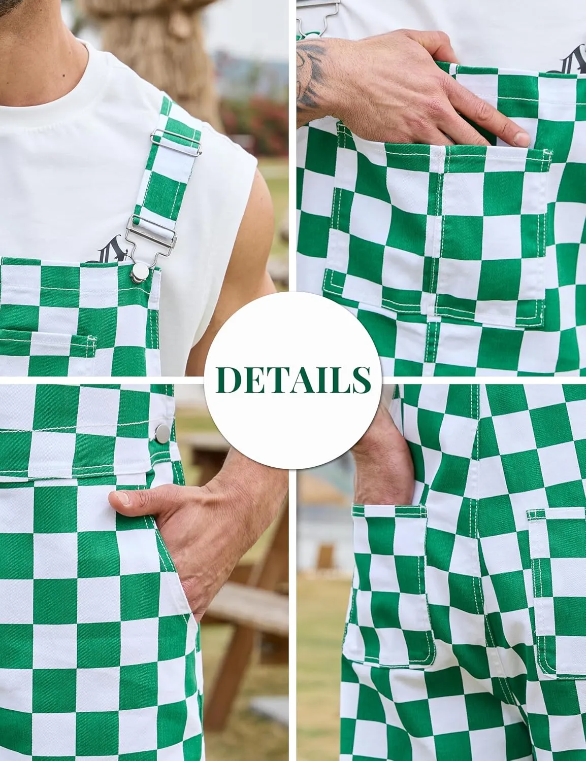 Checkered Bib Overalls for Men Jumpsuit Shorts Work Coveralls