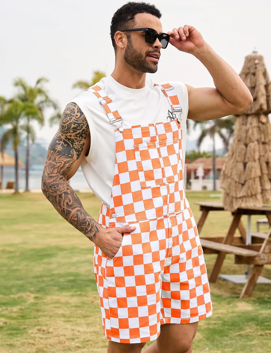 Checkered Bib Overalls for Men Jumpsuit Shorts Work Coveralls