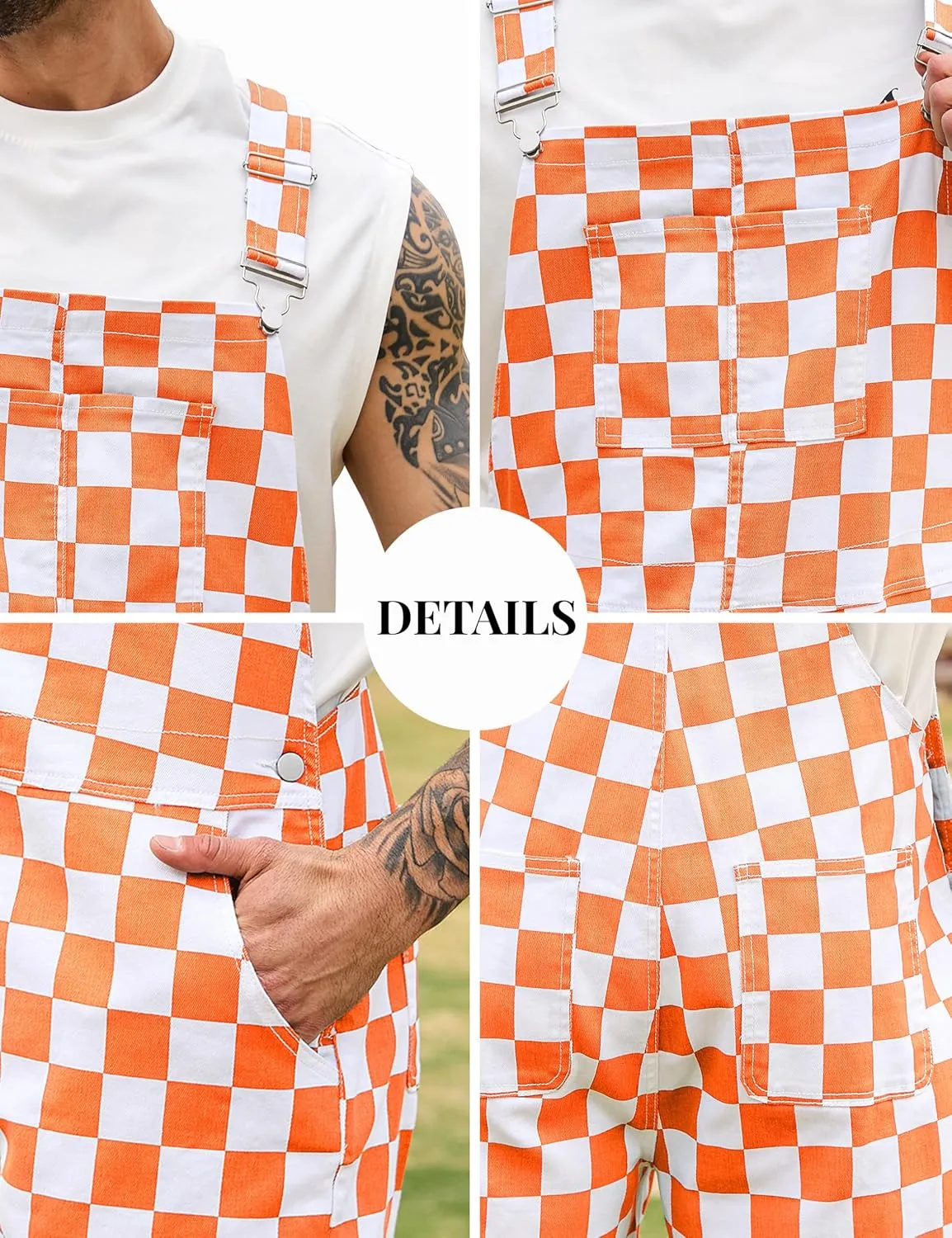 Checkered Bib Overalls for Men Jumpsuit Shorts Work Coveralls