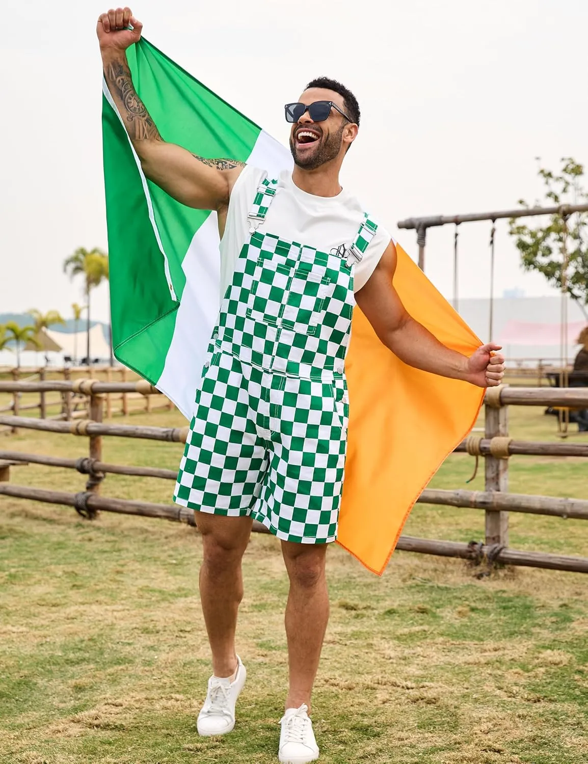 Checkered Bib Overalls for Men Jumpsuit Shorts Work Coveralls
