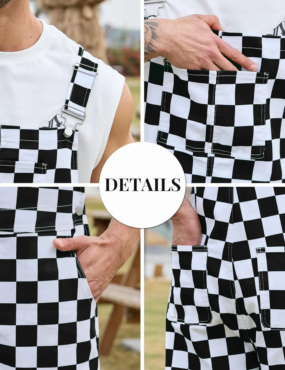 Checkered Bib Overalls for Men Jumpsuit Shorts Work Coveralls