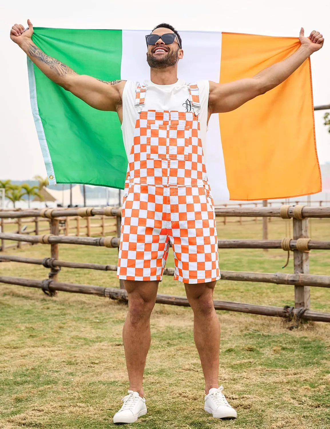 Checkered Bib Overalls for Men Jumpsuit Shorts Work Coveralls