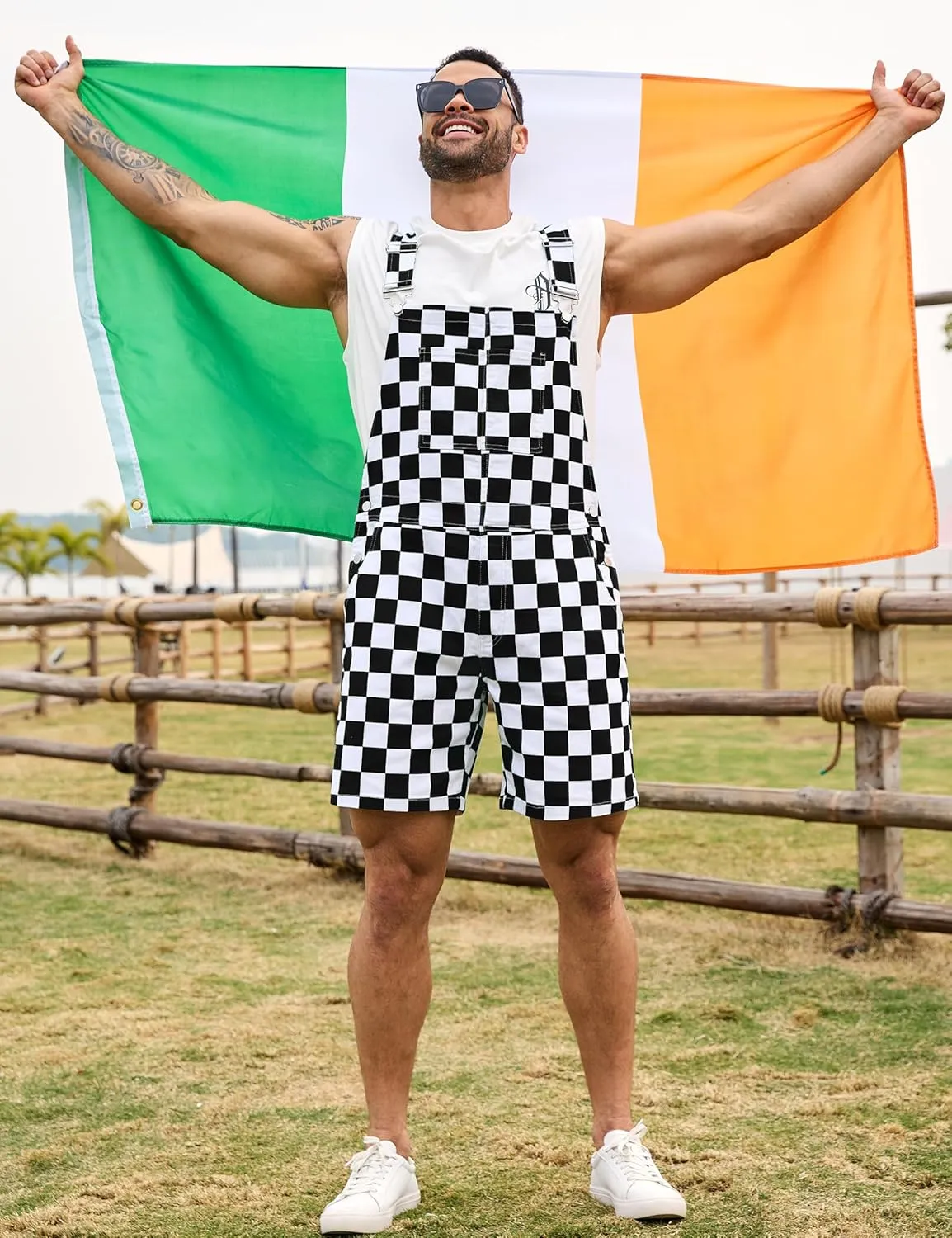 Checkered Bib Overalls for Men Jumpsuit Shorts Work Coveralls