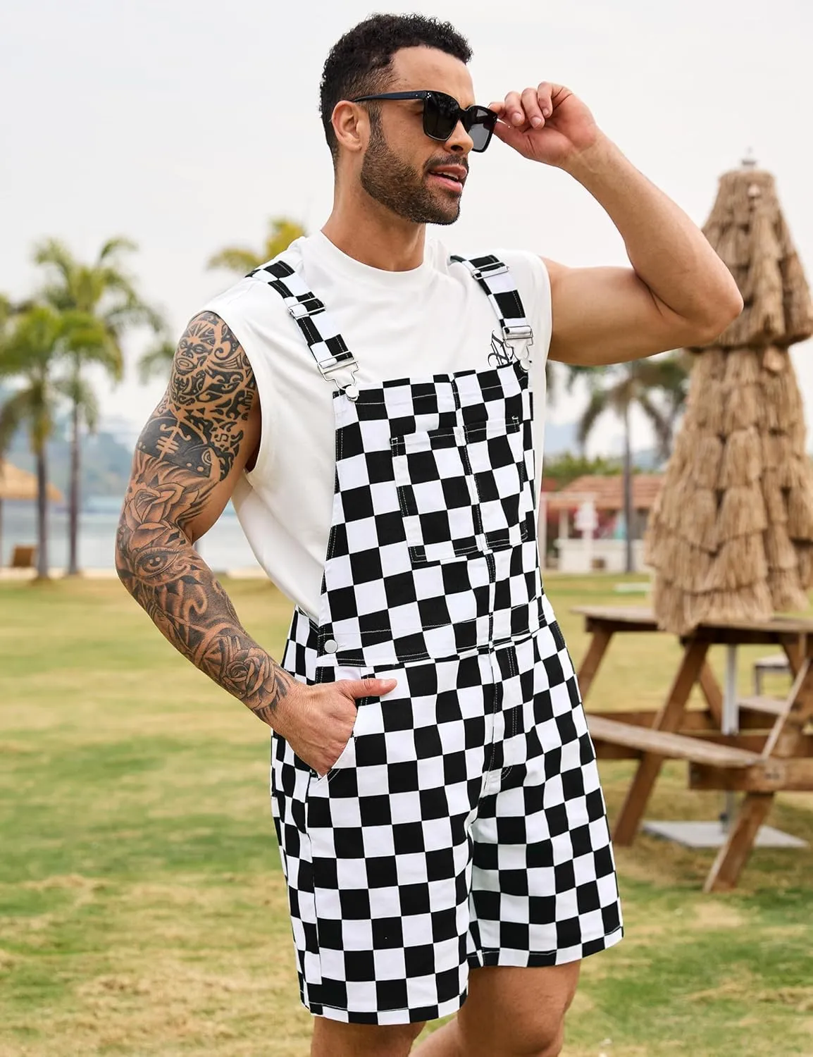 Checkered Bib Overalls for Men Jumpsuit Shorts Work Coveralls
