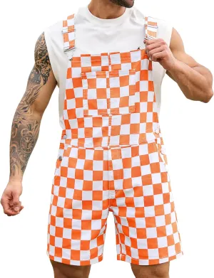 Checkered Bib Overalls for Men Jumpsuit Shorts Work Coveralls