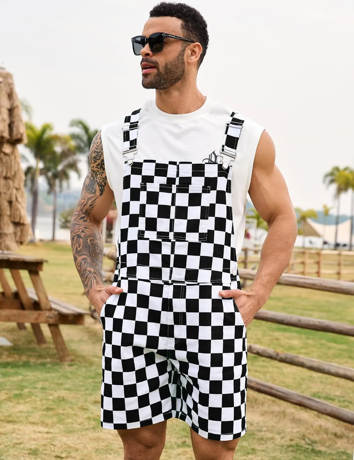 Checkered Bib Overalls for Men Jumpsuit Shorts Work Coveralls