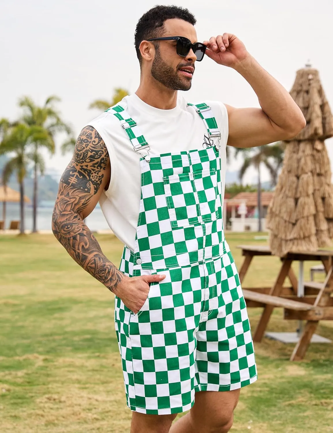 Checkered Bib Overalls for Men Jumpsuit Shorts Work Coveralls