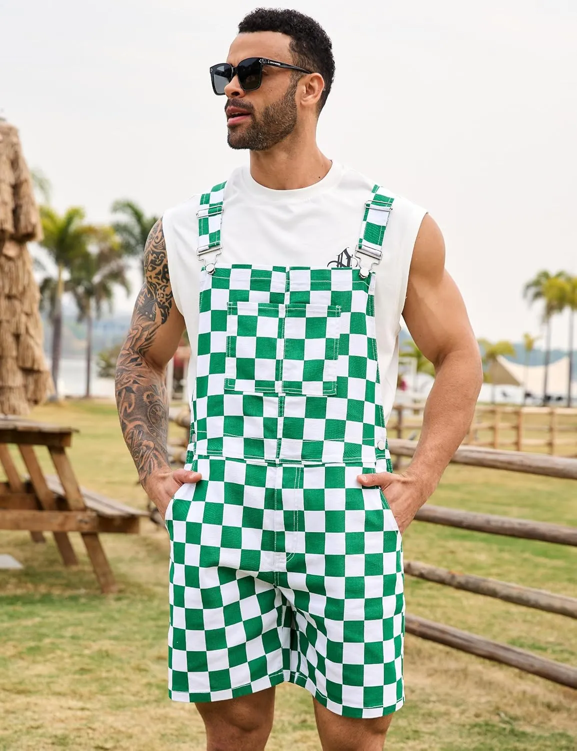 Checkered Bib Overalls for Men Jumpsuit Shorts Work Coveralls