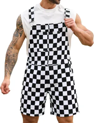 Checkered Bib Overalls for Men Jumpsuit Shorts Work Coveralls
