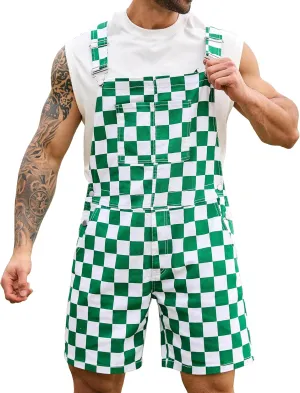 Checkered Bib Overalls for Men Jumpsuit Shorts Work Coveralls