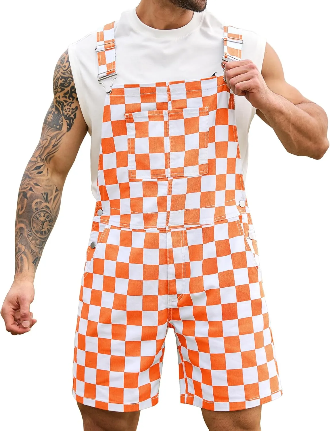 Checkered Bib Overalls for Men Jumpsuit Shorts Work Coveralls