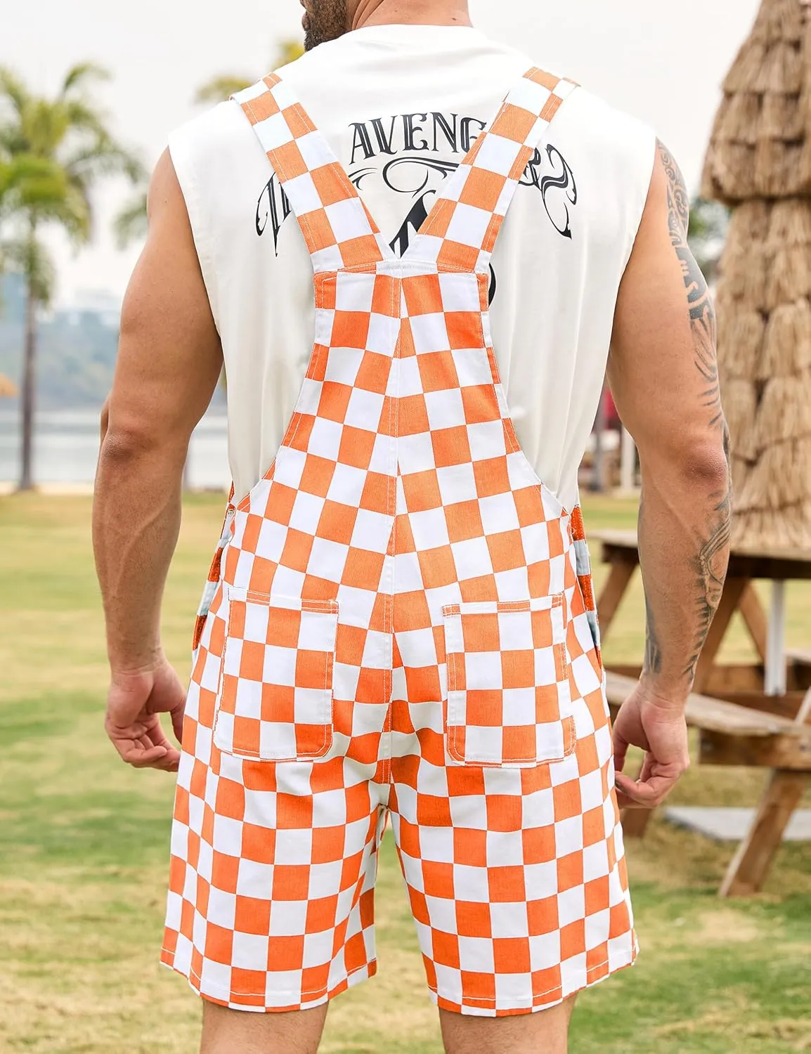 Checkered Bib Overalls for Men Jumpsuit Shorts Work Coveralls