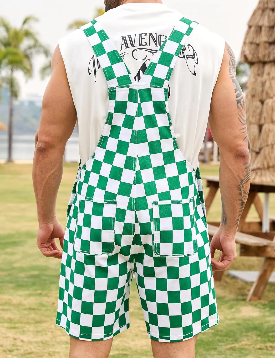 Checkered Bib Overalls for Men Jumpsuit Shorts Work Coveralls