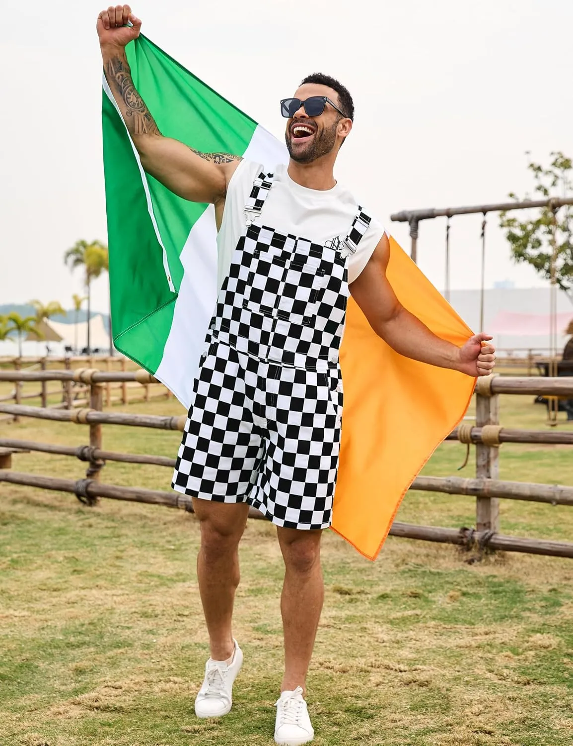 Checkered Bib Overalls for Men Jumpsuit Shorts Work Coveralls
