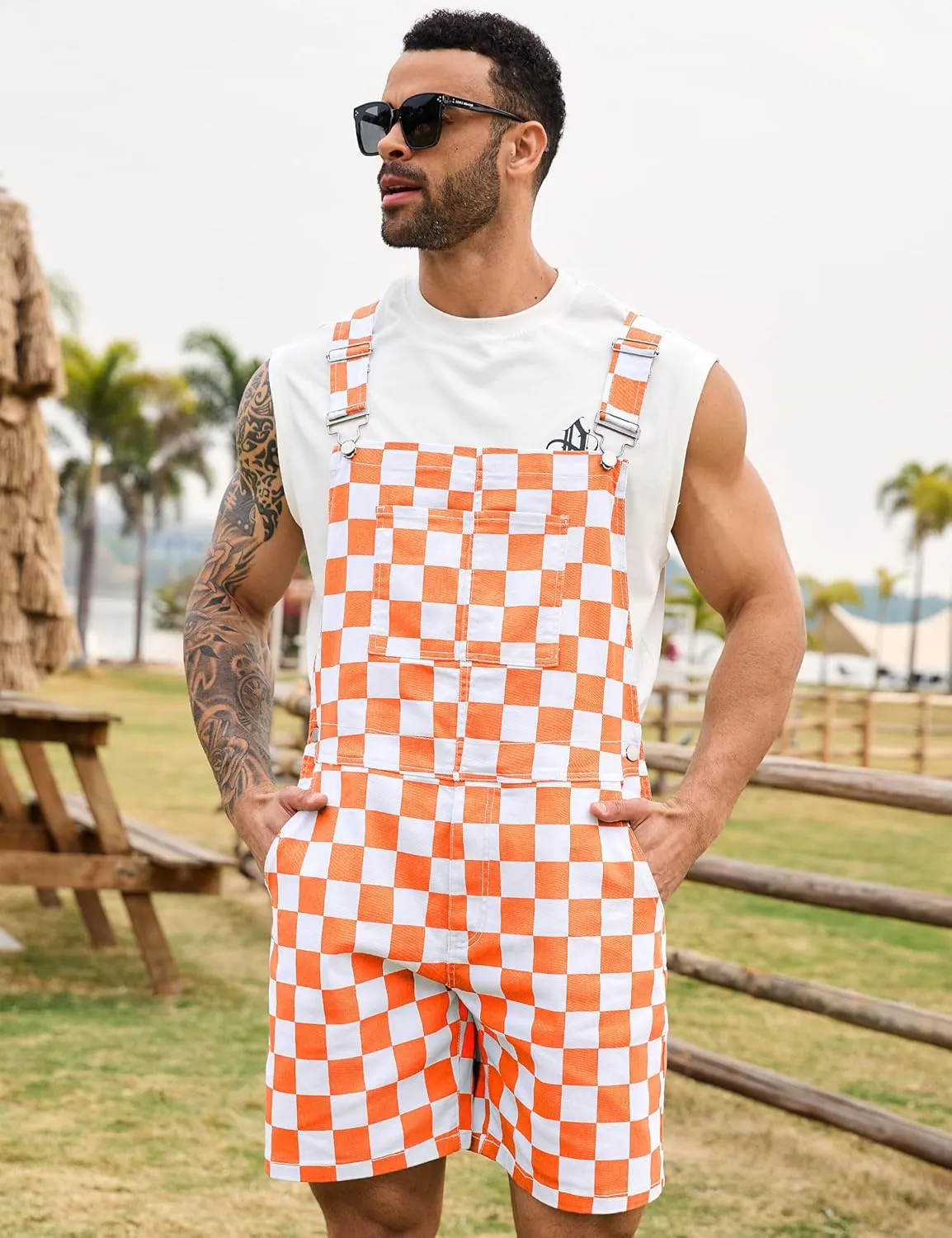 Checkered Bib Overalls for Men Jumpsuit Shorts Work Coveralls