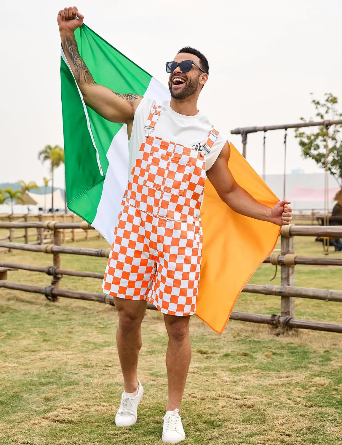 Checkered Bib Overalls for Men Jumpsuit Shorts Work Coveralls