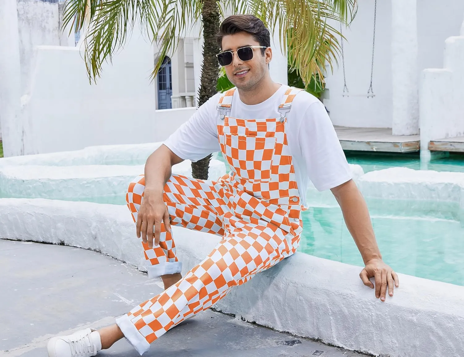 Checkered Pants Mens Overalls Bib Coveralls Cute Stretch Jeans Jumpsuit