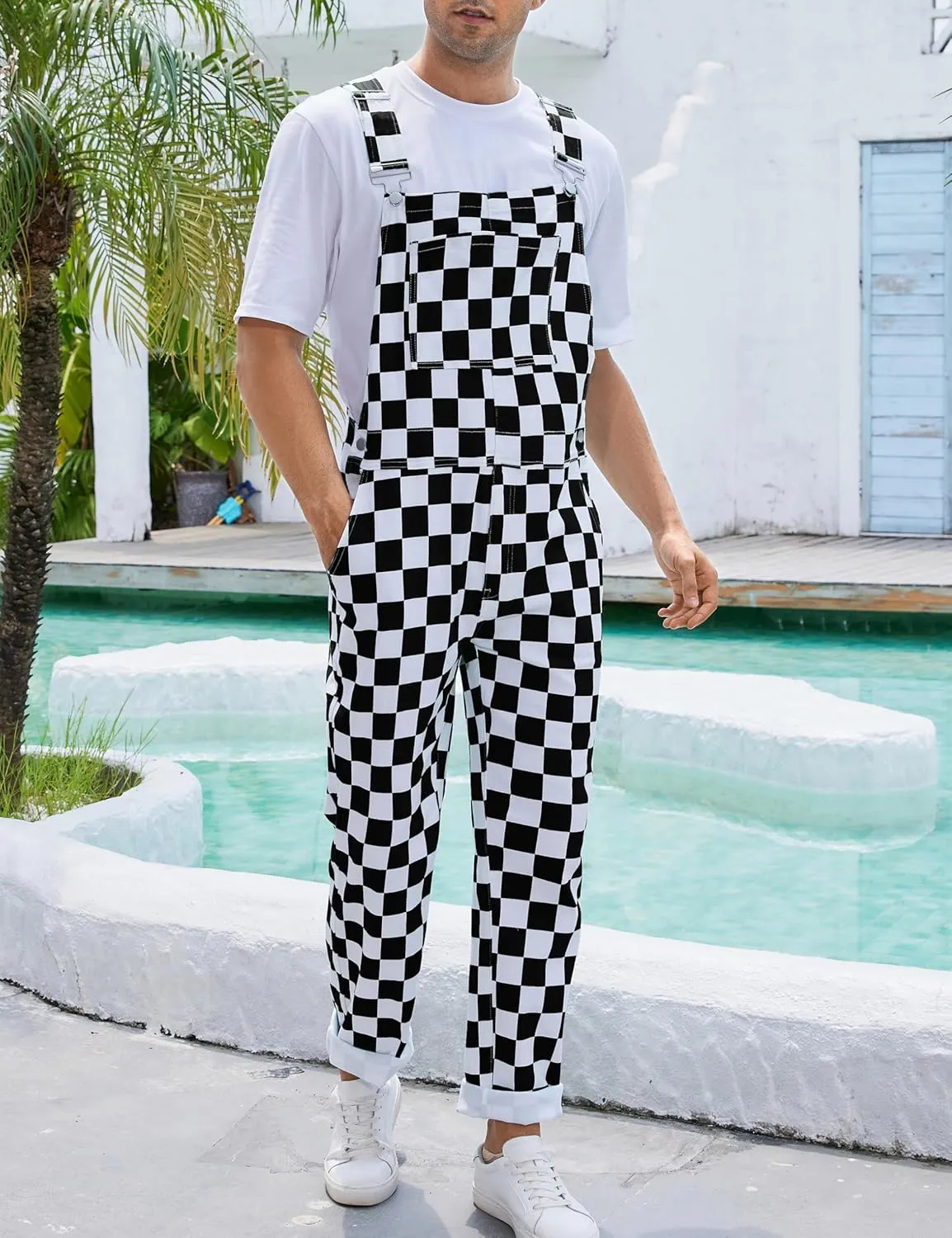 Checkered Pants Mens Overalls Bib Coveralls Cute Stretch Jeans Jumpsuit