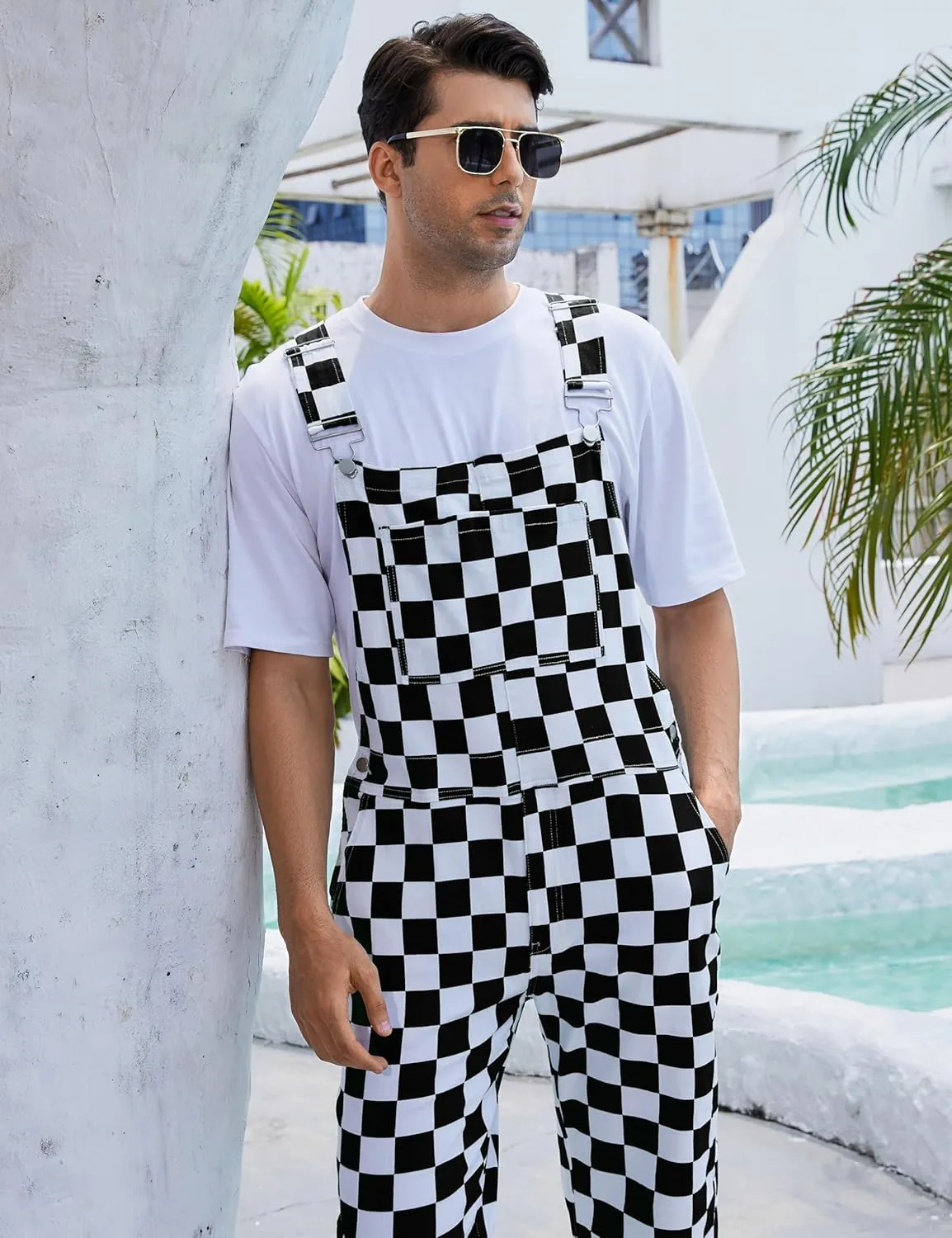 Checkered Pants Mens Overalls Bib Coveralls Cute Stretch Jeans Jumpsuit