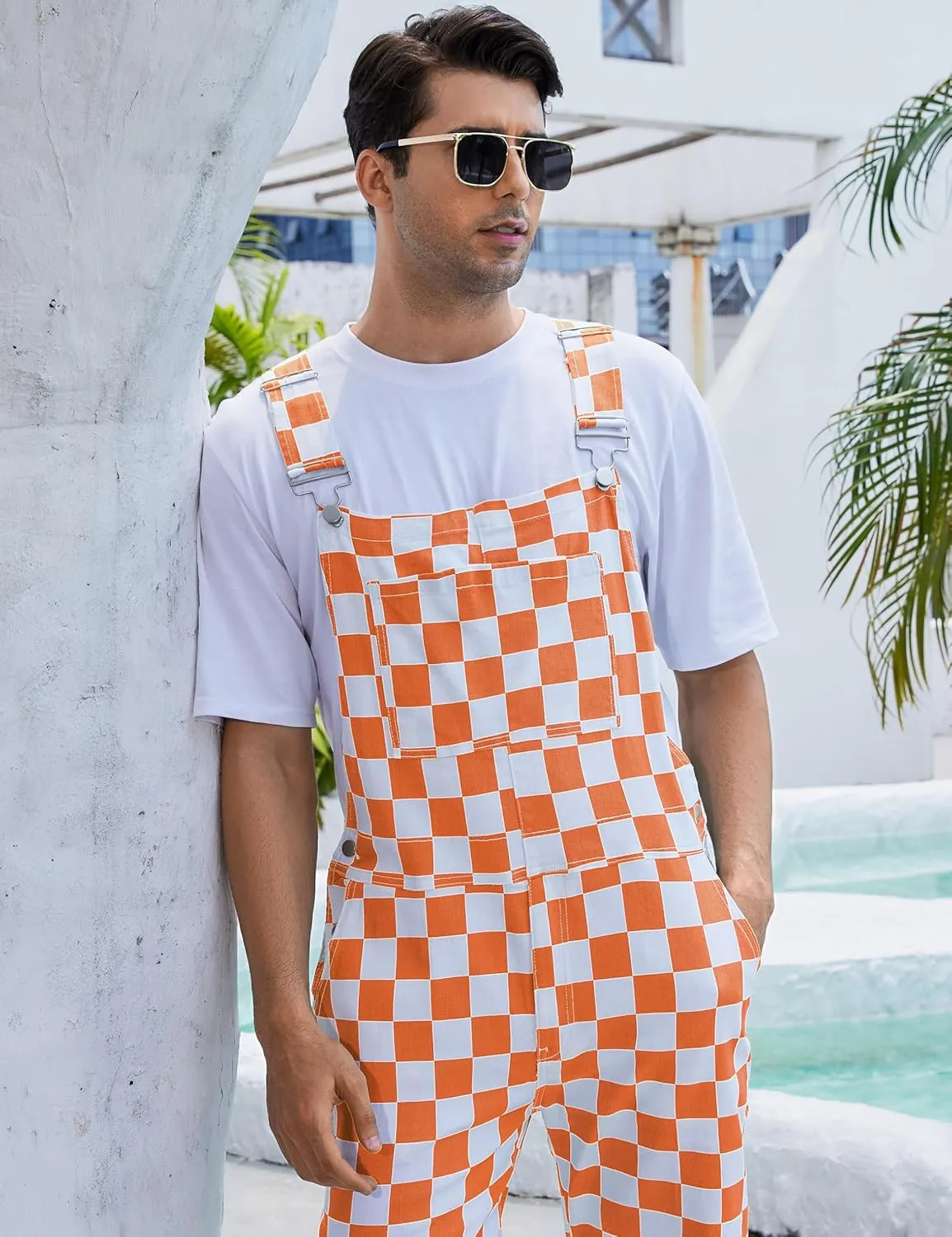 Checkered Pants Mens Overalls Bib Coveralls Cute Stretch Jeans Jumpsuit