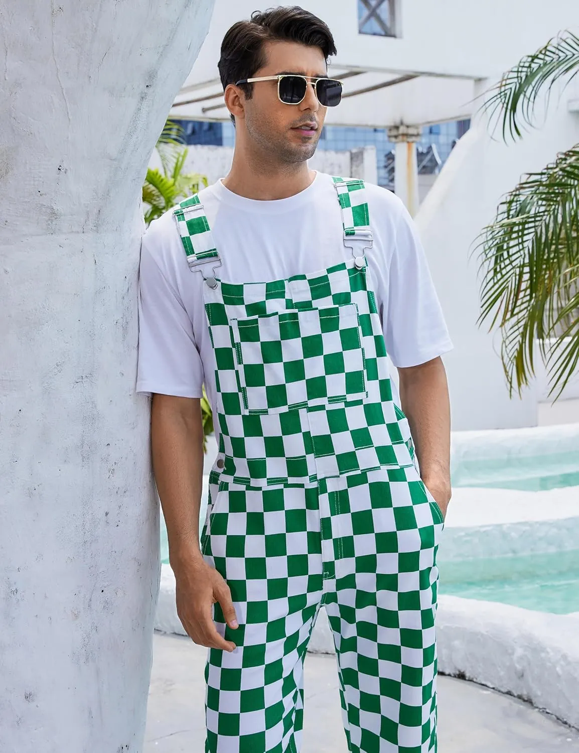 Checkered Pants Mens Overalls Bib Coveralls Cute Stretch Jeans Jumpsuit