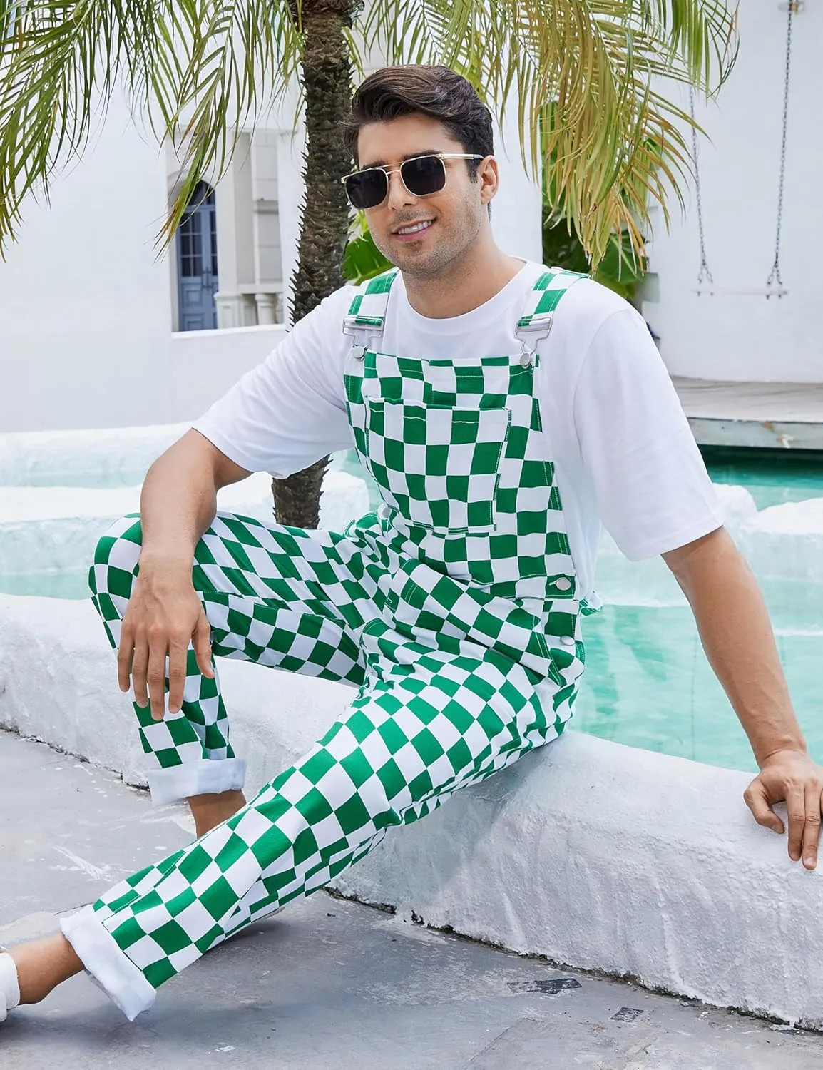Checkered Pants Mens Overalls Bib Coveralls Cute Stretch Jeans Jumpsuit