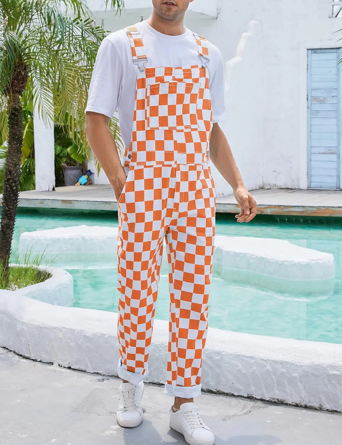 Checkered Pants Mens Overalls Bib Coveralls Cute Stretch Jeans Jumpsuit