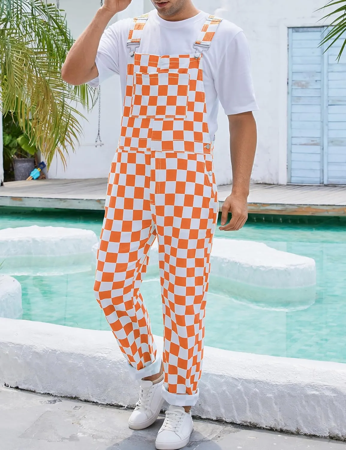 Checkered Pants Mens Overalls Bib Coveralls Cute Stretch Jeans Jumpsuit