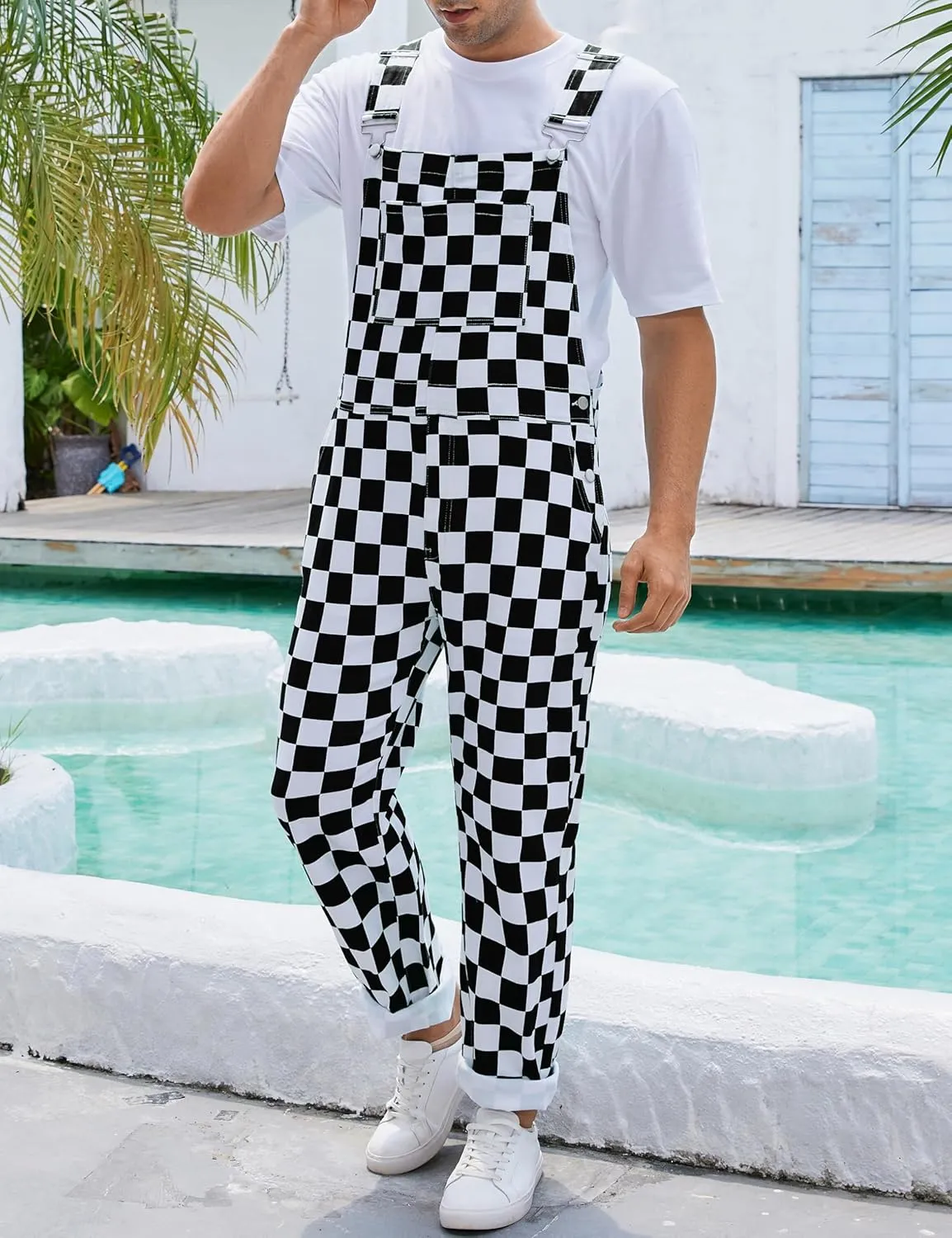 Checkered Pants Mens Overalls Bib Coveralls Cute Stretch Jeans Jumpsuit
