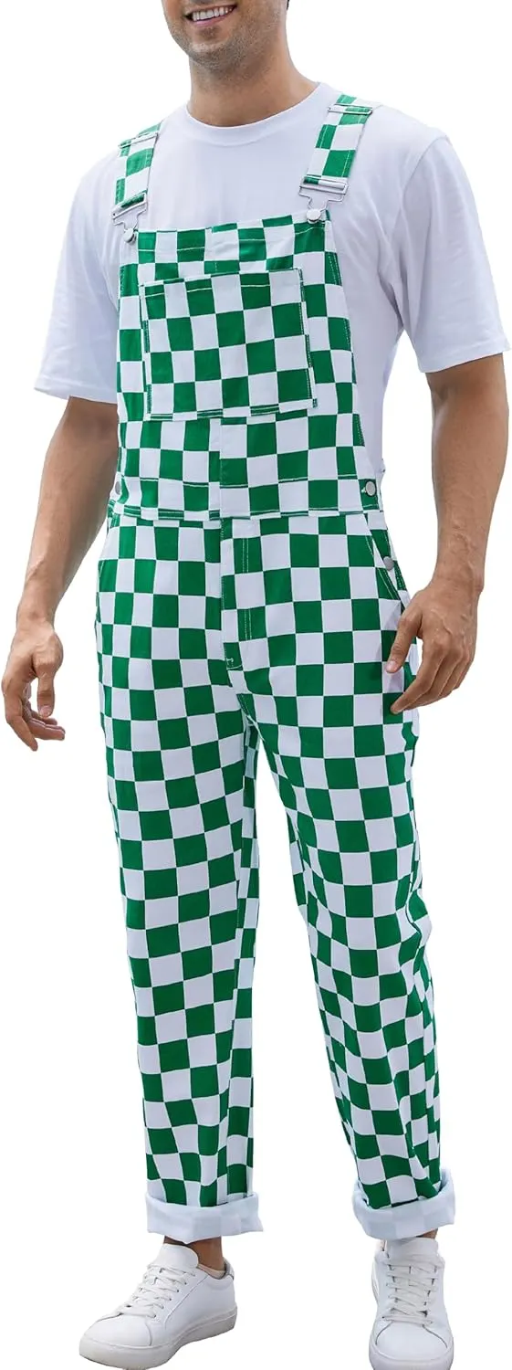 Checkered Pants Mens Overalls Bib Coveralls Cute Stretch Jeans Jumpsuit