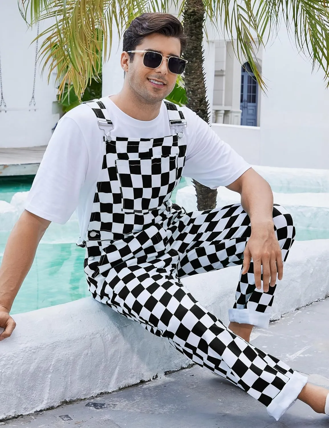 Checkered Pants Mens Overalls Bib Coveralls Cute Stretch Jeans Jumpsuit