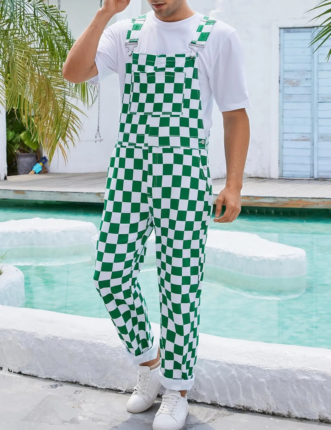 Checkered Pants Mens Overalls Bib Coveralls Cute Stretch Jeans Jumpsuit