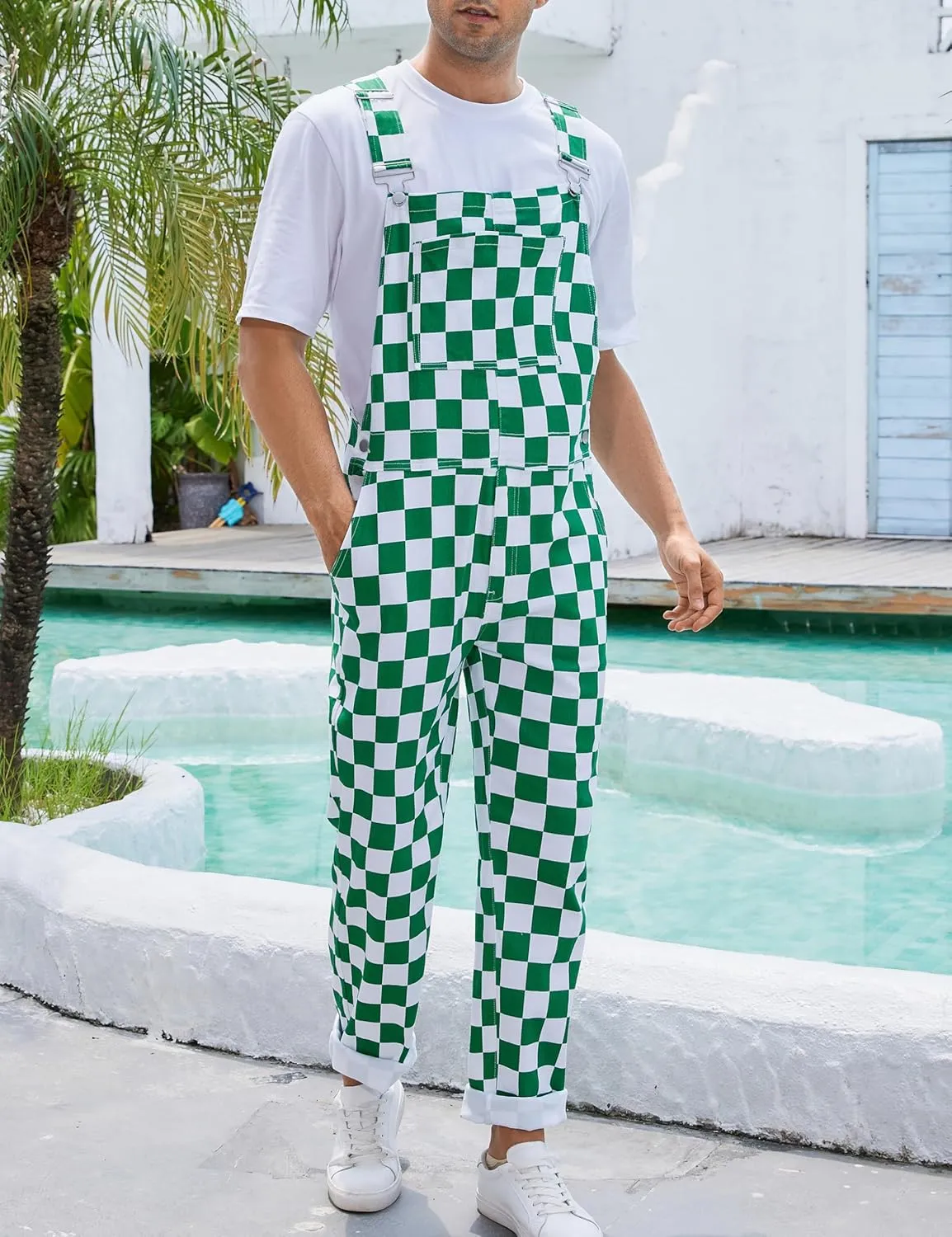Checkered Pants Mens Overalls Bib Coveralls Cute Stretch Jeans Jumpsuit